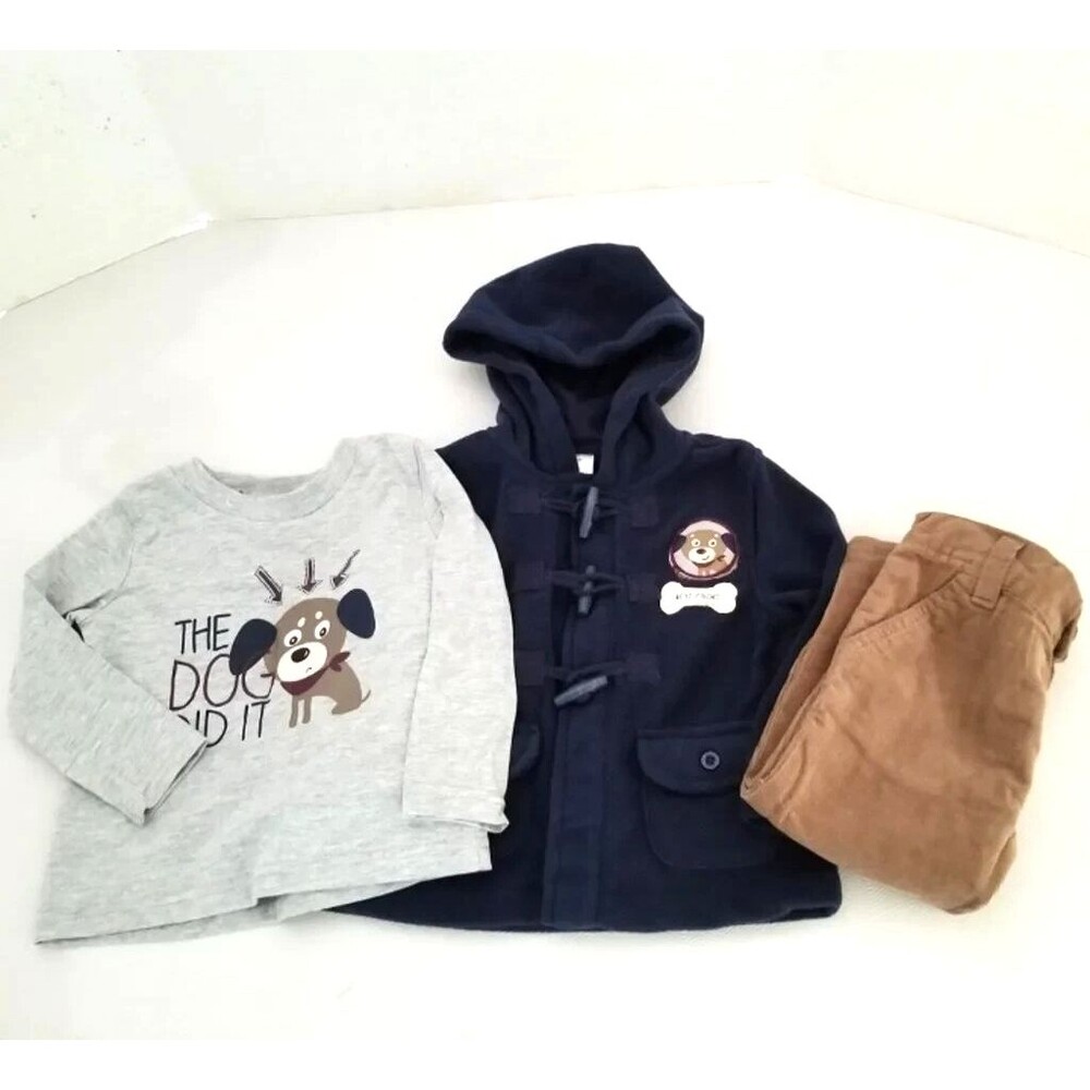 Boys Outfit 18M Hooded Jacket, Cord Pants, Long Sleeve T-Shirt Dog Graphic